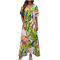 Women's Summer Loose Kimono Maxi Dress V Neck 3/4 Sleeve Floral Print Flowy Long Dresses 2024 Wedding Guest Dress