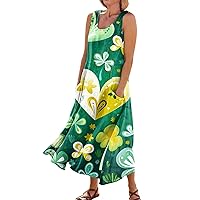 Dresses for Women 2024 Casual 3/4 Sleeve Crewneck Clover Patterned Linen Stretch St. Patrick's Day Womens Summer Dresses 2024