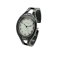 Varsales Ladies Elegant Oval Metal Bangle Cuff Fashion Analog Quartz Watch with Rhinestones White Dial with Easy to Read Black Numbers Black Hour Minute Second Hands