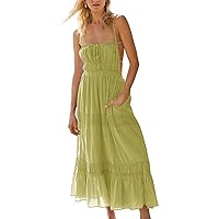 Wenrine Women's Summer Dresses Casual Long Spaghetti Straps Backless Self Tie Tiered Flowy Maxi Dresses with Pockets