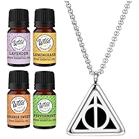Wild Essentials Potter Hallows Aromatherapy Diffuser Necklace13-PieceGift Set –Includes 4 Pure Essential Oils, Stainless Steel Necklace/Pendant, 8 Pads –Calming Aromatherapy Essential Oil Necklace