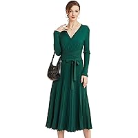 RanRui Womens Vneck Winter Fall Pleated Knitted Fit and Flare Long Sleeve Sweater Dress 1303