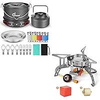 Odoland Bundle – 2 Items 22pcs Camping Cookware Mess Kit and 3500W Windrpoof Camp Stove Camping Gas Stove Kit