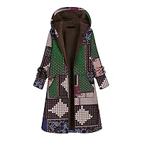 Womens Jackets Parka Plaid Block Patchwork Hooded Cotton Quilted Warm Padded Long Loose Coats Winter Plus Size XXXL