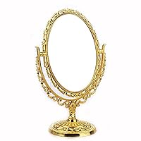 Guppy Desktop Antique Vintage European Style Two Sided Swivel Oval Tabletop Vanity Makeup Mirror with Embossed Hollow Flower Shiny Pedestal(Gold)