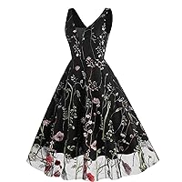 Women's 50s Vintage Dress Floral Embroidery Mesh Sleeveless V Neck Audrey Hepburn Dress A-line Swing Cocktail Dress
