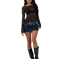Women's Y2k Floral Lace Long Sleeve Top Scalloped Trim Low Cut V Neck Shirt See Through Mesh Sheer Tops