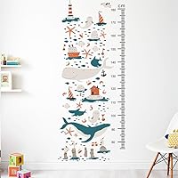 Sea World Whale Lighthouse Fishes Height Chart Sticker, Growth Height Chart Measurement Removable Wall Sticker Decal, Children Kids Baby Home Room Nursery DIY Decorative Adhesive Wall Mural