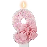 Pink Number 9 Birthday Candle, Girl 9th ​Birthday Party Pink Theme Decorations Supplies, 3D Bow Designed Glitter Pink Number Candles for Birthday Cake Topper Decorations (9 Candle Pink)