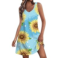 Sexy Summer Dresses for Women UK Loose Boho Floral Plus Size Short Print Tank Dress 2024 Sleeveless T Shirt Dresses Off Shoulder Smocked Beach Dress Size S M L XL 2XL 3XL