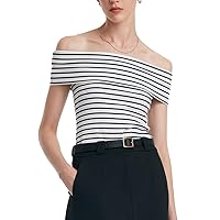 Women's Off Shoulder Short Sleeve Blue Stripe Knit T Shirt 2024 Dressy White Slim Fit Business Casual Tops for Women