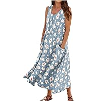 Flower Dresses for Women 2024, Womens Casual Floral Sleeveless Cotton Linen Pocket House with Dress, S, 5XL