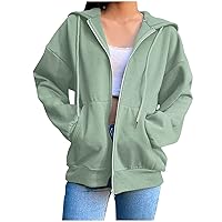 Womens Zip Up Hoodie Cute Oversize Plain Hoodies Y2k Streetwear Baggy Sweatshirt Trendy Jacket Teen Girls Indie Clothes Green