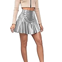 Women's Faux Leather Ruffled Irregular Short Skirt High Waist Flared Mini Skater Skirt