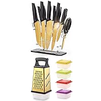 Golden Titanium Knife Set with Acrylic Stand, Kitchen Knives Set with Block +KYA53 Golden Titanium Box Grater, Stainless Steel Grater Slicer 5 Piece Set,Potato Salad Vegetables Graters Peelers 4 Sides