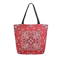 ALAZA Paisley Bandana Boho Red Large Canvas Tote Bag Shopping Shoulder Handbag with Small Zippered Pocket