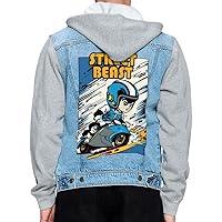Street Beast Men's Denim Jacket - Cartoon Print Jacket With Fleece Hoodie - Printed Jacket for Men