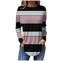 Fall Tops for Women 2023 Color Block Long Sleeve Blouses Casual Crew Neck Tunic Tops Plus Size Winter Clothes