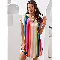 Spring Dresses for Women 2023 Batwing Sleeve Rainbow Striped Tunic Dress Dress for Women (Color : Multicolor, Size : Small)