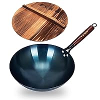 Cast Iron Wok Pan 14 inch, Chinese Hand Hammered Iron Woks with Wooden Handle and Lid Large Wok Nonstick Stir Fry Pans, Ideal for Home Use and Gift Giving - Mirrors