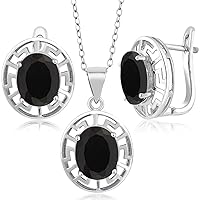 Gem Stone King 925 Sterling Silver Black Onyx Pendant and Earrings Jewelry Set For Women |Girls | 7.50 Cttw | Gemstone December Birthstone | Oval 10X8MM | With 18 Inch Chain, metal,gemstone, Onyx