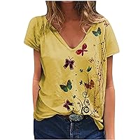 Women's Vintage T Shirts Butterflies Short Sleeve Casual Shirts Boho Printed Blouse Summer Deep V Neck Graphic Tee Tops