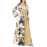 2 Piece Sets Women Luxury Muslim Dress Elegant Floral Printed Lace Panel Belted Long Dresses Abayas