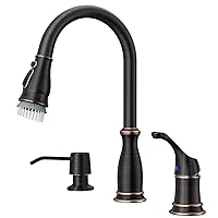 APPASO 3 Hole Kitchen Faucet, Modern Kitchen Sink Faucet with Pull Down Sprayer, 3 Spout Patterns for 2 or 3 Hole Faucets with Soap Dispenser and Patented Brush, Zinc Alloy, Oil Rubbed Bronze