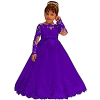 Lace Tulle Flower Girl Dress for Wedding Long Sleeve Princess Dresses Purple Pageant Party Gown with Bow Size 5