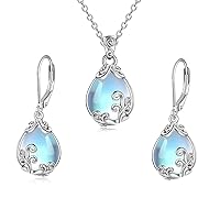 POPLYKE Moonstone Filigree Teardrop Necklace Earrings Set Sterling Silver Jewelry for Women