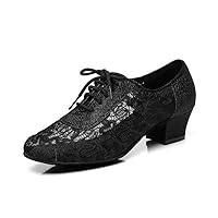 Minishion Women's Floral Mesh Lace-up Low Heel Ballroom Latin Dance Shoes Prom Pumps