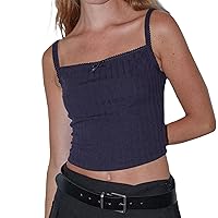 Women Sleeveless Cropped Tank Tops Slim Fit Lace Trim Cami Top Y2K Spaghetti Strap Shirt Going Out Tops Tee Shirts