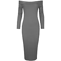 Oops Outlet Women's Plain Stretch Off The Shoulder Bardot Long Sleeve Midi Dress Plus Size (US 12/14) Charcoal
