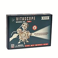 Robotime Vitascope Mechanical Wood Kit | Assemble a Wooden Vintage Movie Projector | Includes 183 Pieces to Create a Working Reel | Turn Hand Crank to Project Black and White Film