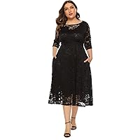 IMEKIS Plus Size 3/4 Sleeve Floral Lace Cocktail Dress for Women Sexy Scoop Neck Wedding Guest Midi Dress with Pockets