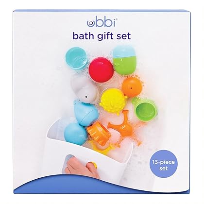 Ubbi Baby Bath Time Essential Gift Set, Includes Drying Bin and 11 Bath Toys, Dishwasher Safe, White