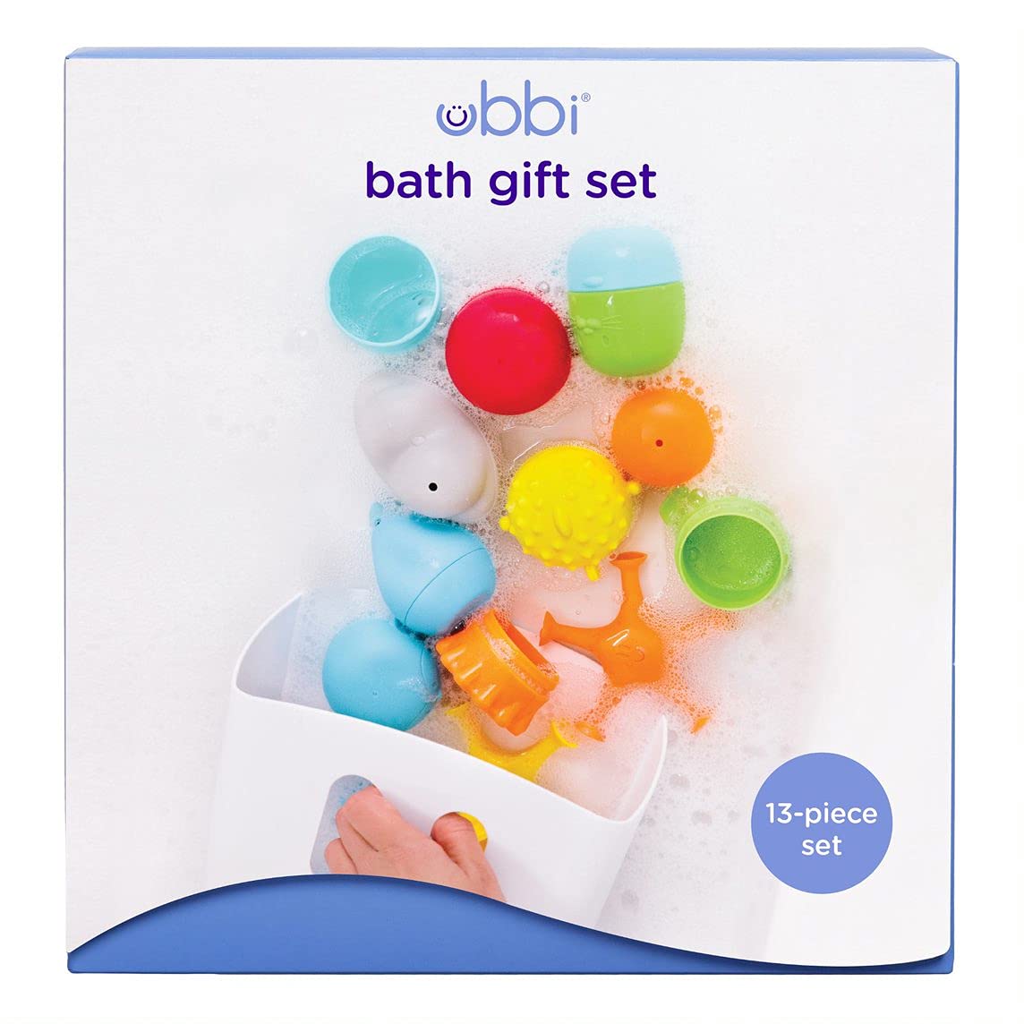 Ubbi Baby Bath Time Essential Gift Set, Includes Drying Bin and 11 Bath Toys, Dishwasher Safe, White & Skip Hop Bath Spout Cover, Universal Fit, Moby, Grey