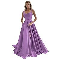 MllesReve Satin Long Women Formal Dresses High Front Slit Prom Dresses with Pockets Evening Ball Gown