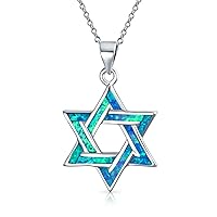 Hanukkah Magen Judaic Blue Created Opal Inlay Star Of David Pendant Necklace For Bat Mitzvah For Women Teens .925 Sterling Silver