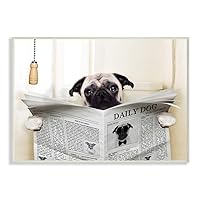 Stupell Industries Pug Reading Newspaper in Bathroom Wall Plaque Art, 10 x 0.5 x 15, Proudly Made in USA