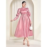 2023 Women's Dresses Gigot Sleeve Mock Neck Satin Dress Without Belt Women's Dresses (Color : Dusty Pink, Size : Large)