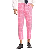 Lars Amadeus Plaid Printed Pants for Men's Pleated Front Colorful Checked Cropped Dress Trousers
