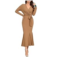 Women's Dresses, 2023 Autumn and Winter Fashion Solid Color V-Neck Slim Fishtail Long Dress