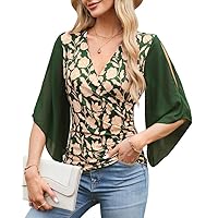 GRACE KARIN Women 3/4 Chiffon Sleeve Dressy Blouse Wrap Elastic Shirt Business Casual Party Flattering Tops 2023 Fashion