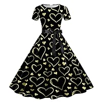 Maxi Dresses for Women 2024 Wedding Guest,Women Valentine's Day Print Short Sleeve 1950s Housewife Evening Part