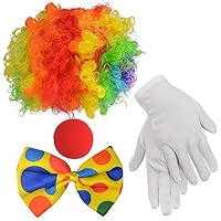 Clown Costume Set Clown Rainbow Wig Nose Bow Tie White Gloves Accessories for Clown Parties Carnivals Pretend Play Women Men Adults