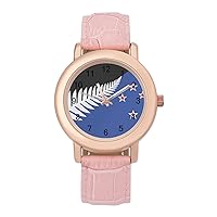 New Zealand New Flag Womens Watch Round Printed Dial Pink Leather Band Fashion Wrist Watches