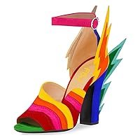 FSJ Women Chic Peep Toe Block Chunky High Heel Colorful Sandals Ankle Strap Buckle Summer Dress Shoes Size 4-15 US