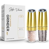 Gravity Electric Pepper and Salt Grinder Mill Set - [WHITE LIGHT] Adjustable Coarseness, Battery Powered, One Hand Automatic Operation, Gold, Set of 2 by Lela Verre…