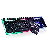 Keyboard Colorful LED Illuminated Backlit USB Wired PC Rainbow Gaming Keyboard Mouse Set (Color : Black)